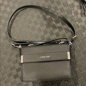 Calvin Klein Black Leather-Look Shoulder Bag with Silver Accents